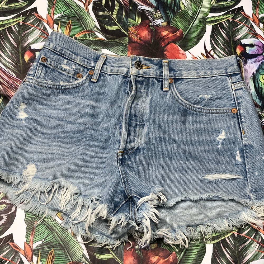 AGOLDE Light Blue Distressed Denim Shorts
